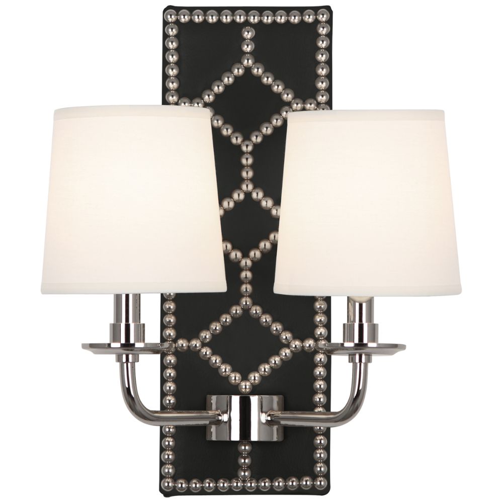Robert Abbey S1035 Williamsburg Lightfoot Wall Sconce with Backplate Upholstered In Blacksmith Black Leather With Nailhead Detail And Polished Nickel Accents