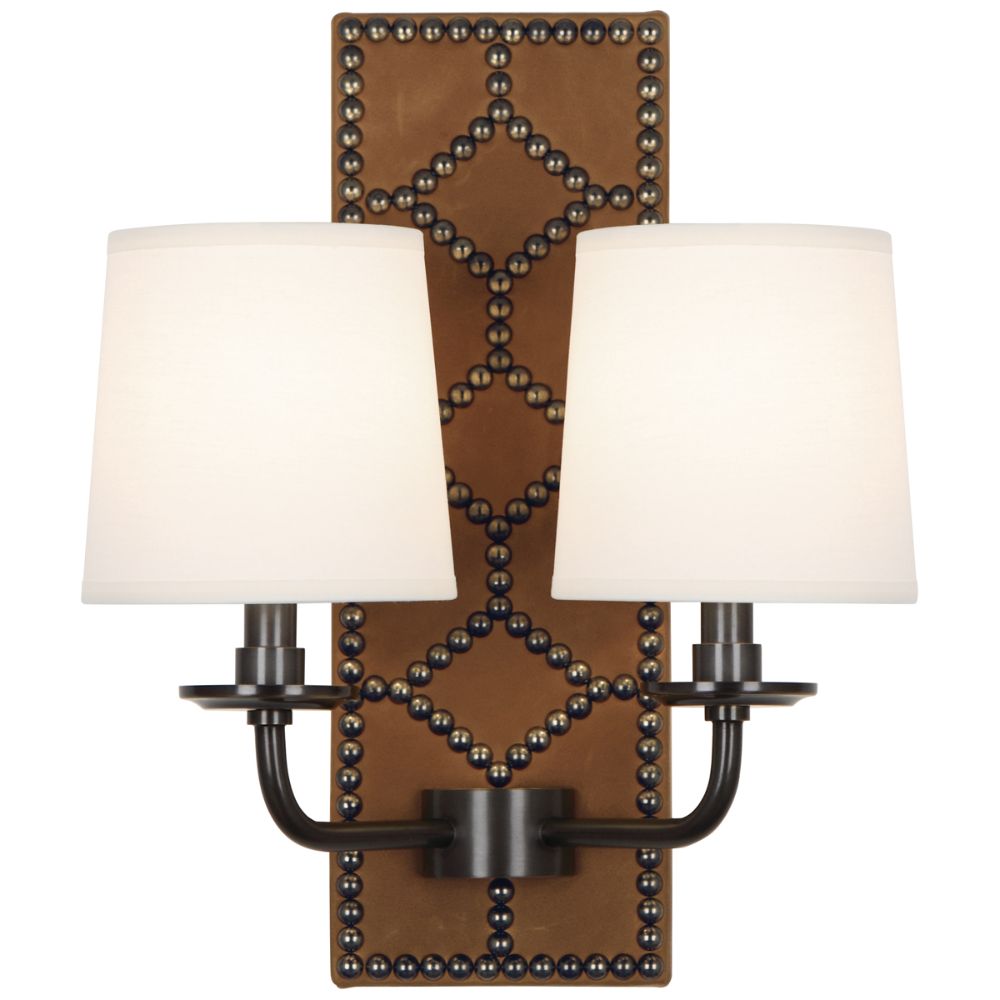 Robert Abbey Z1030 Williamsburg Lightfoot Wall Sconce with Backplate Upholstered In English Ochre Leather With Nailhead Detail And Deep Patina Bronze Accents