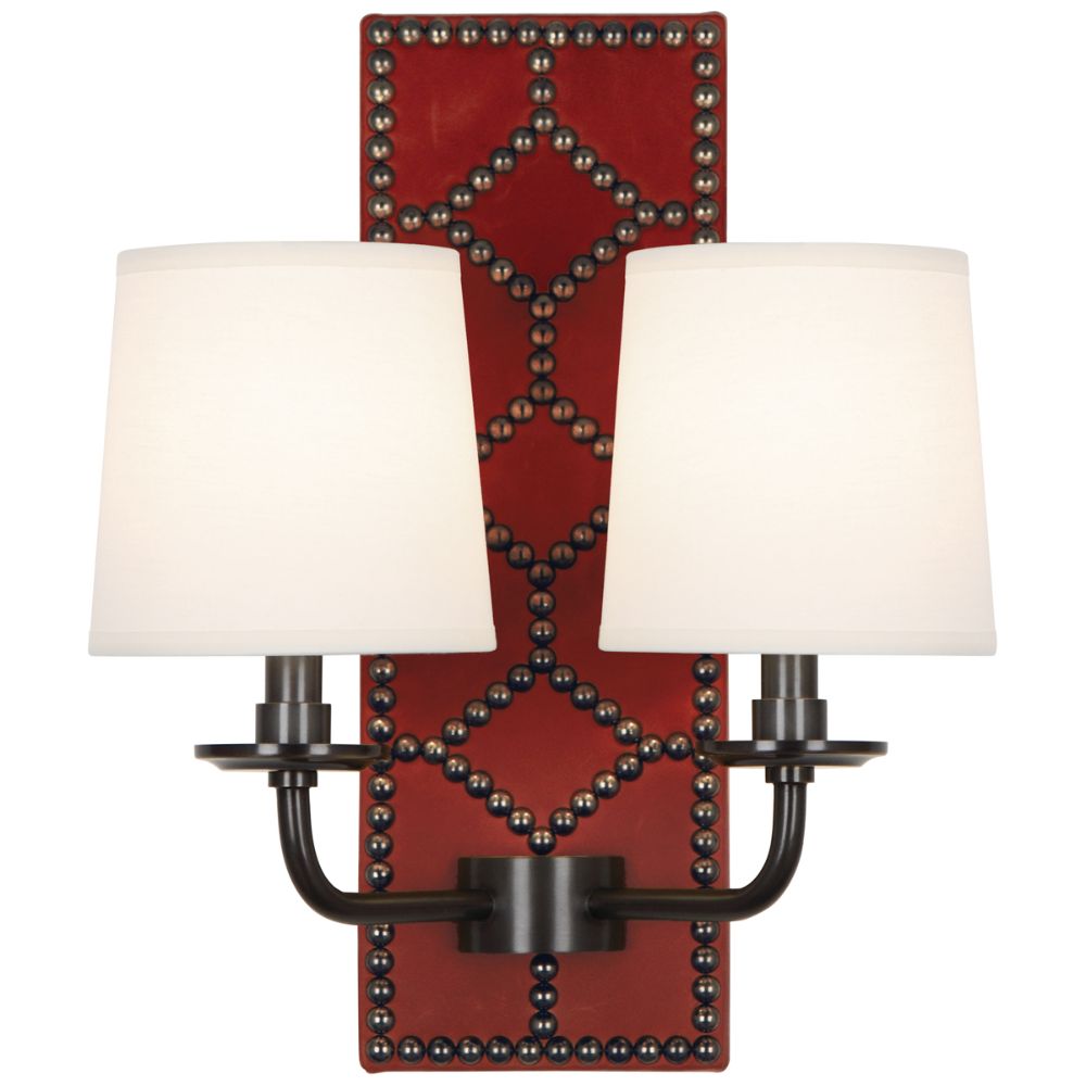 Robert Abbey Z1031 Williamsburg Lightfoot Wall Sconce with Backplate Upholstered In Dragons Blood Leather With Nailhead Detail And Deep Patina Bronze Accents