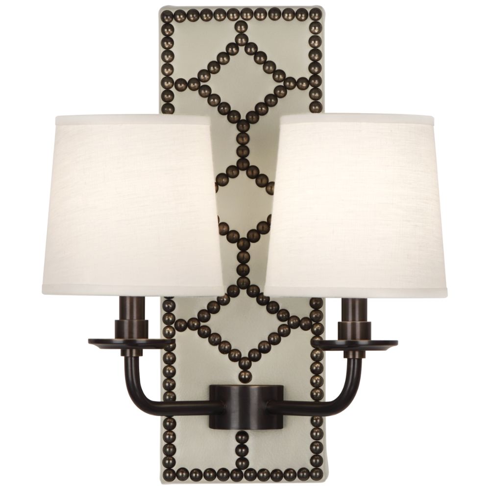 Robert Abbey Z1032 Williamsburg Lightfoot Wall Sconce with Backplate Upholstered In Bruton White Leather With Nailhead Detail And Deep Patina Bronze Accents