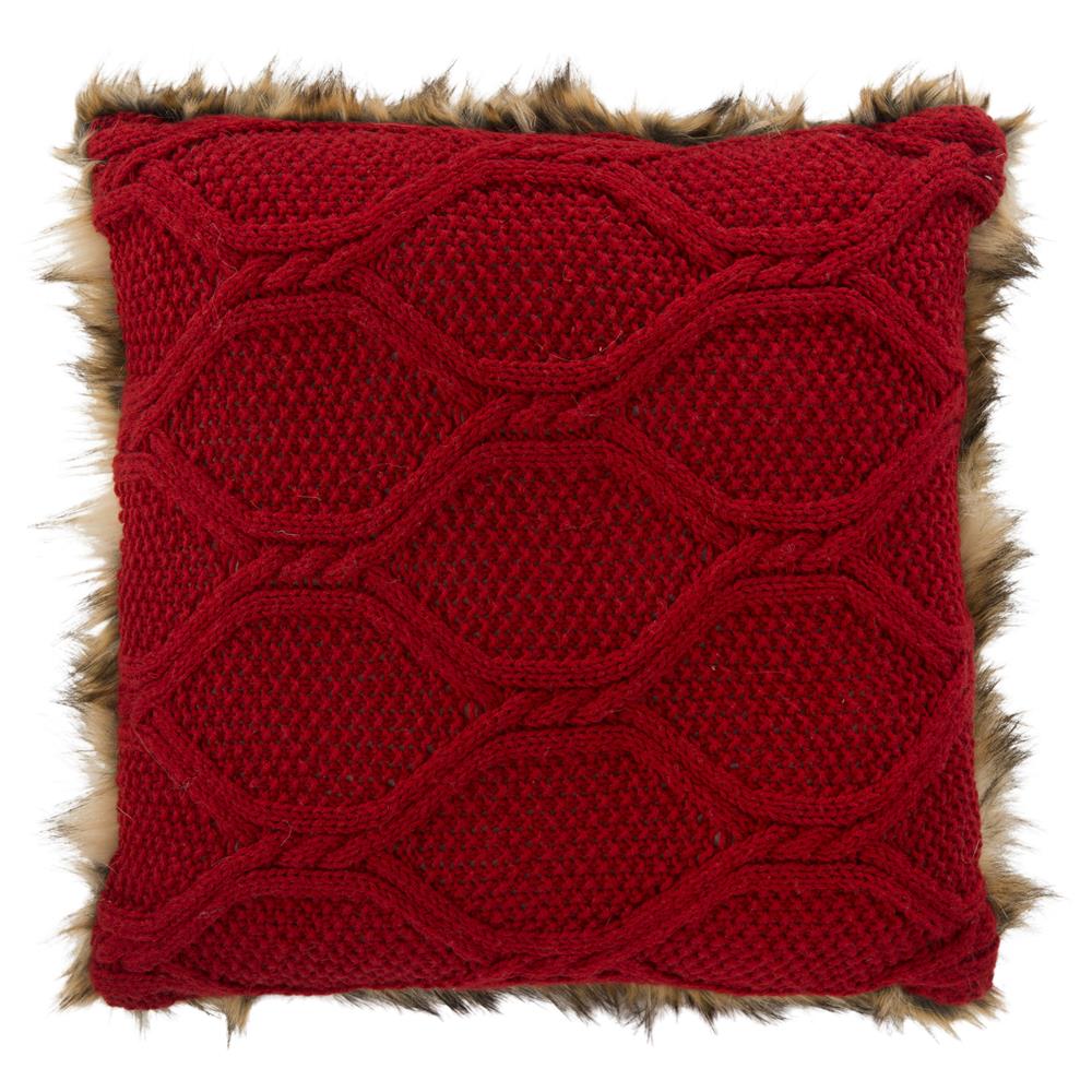 Safavieh PLS772A-2020 Luccia Faux Fur Pillow in Brown Faux Fur/red Knit