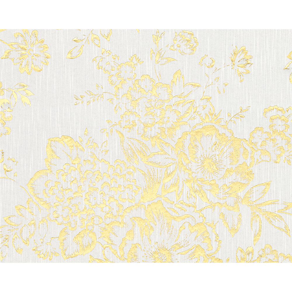 Architects Paper by Sancar 30657 Metallic Silk Damask Wallcovering in Gold/White