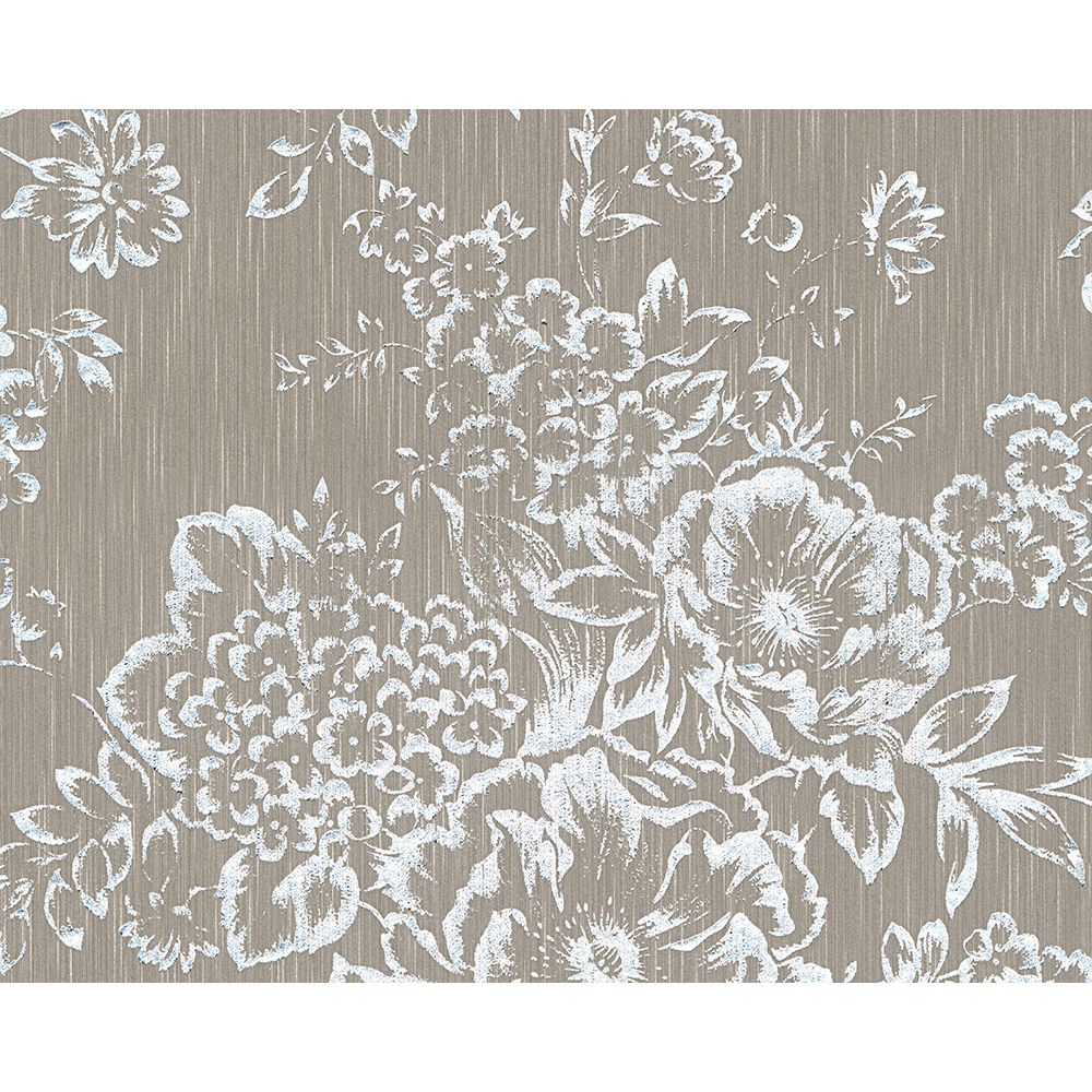 Architects Paper by Sancar 30657 Metallic Silk Floral Wallcovering in Silver/Brown
