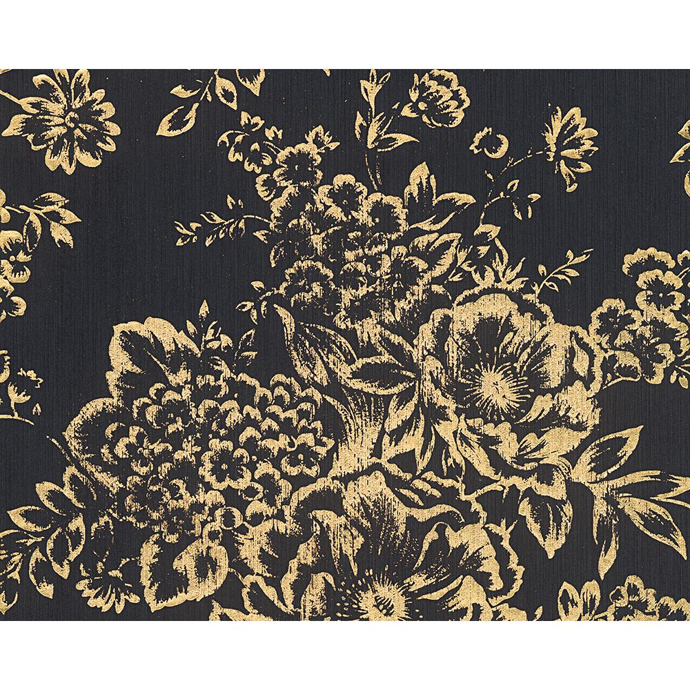 Architects Paper by Sancar 30657 Metallic Silk Floral Wallcovering in Gold/Black
