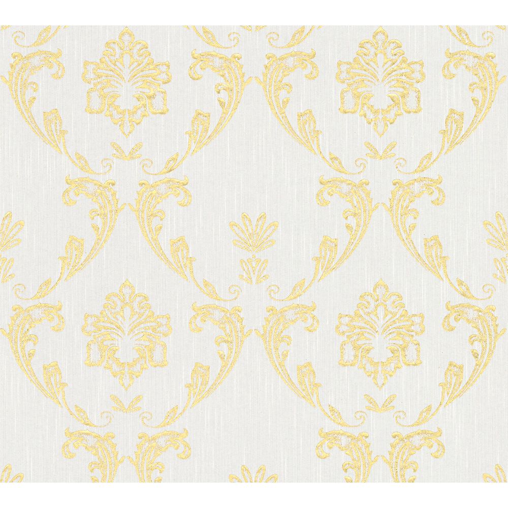 Architects Paper by Sancar 30658 Metallic Silk Damask Wallcovering in Gold/White