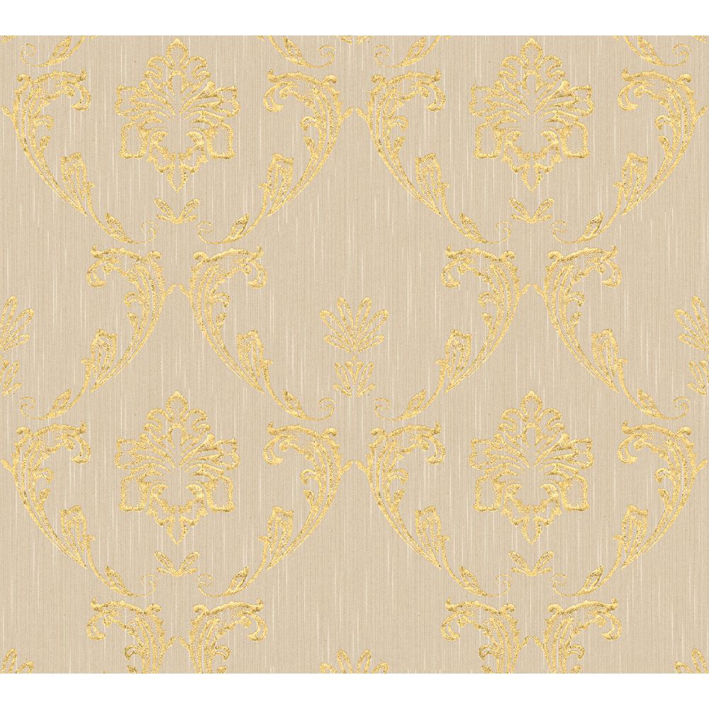 Architects Paper by Sancar 30658 Metallic Silk Damask Wallcovering in Gold/Beige