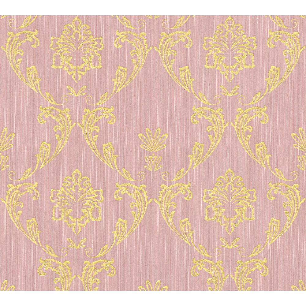 Architects Paper by Sancar 30658 Metallic Silk Damask Wallcovering in Gold/Pink