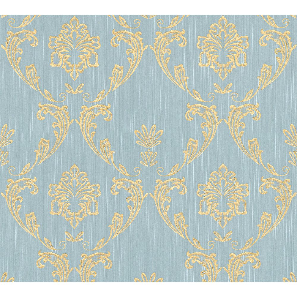 Architects Paper by Sancar 30658 Metallic Silk Damask Wallcovering in Gold/Blue/Green