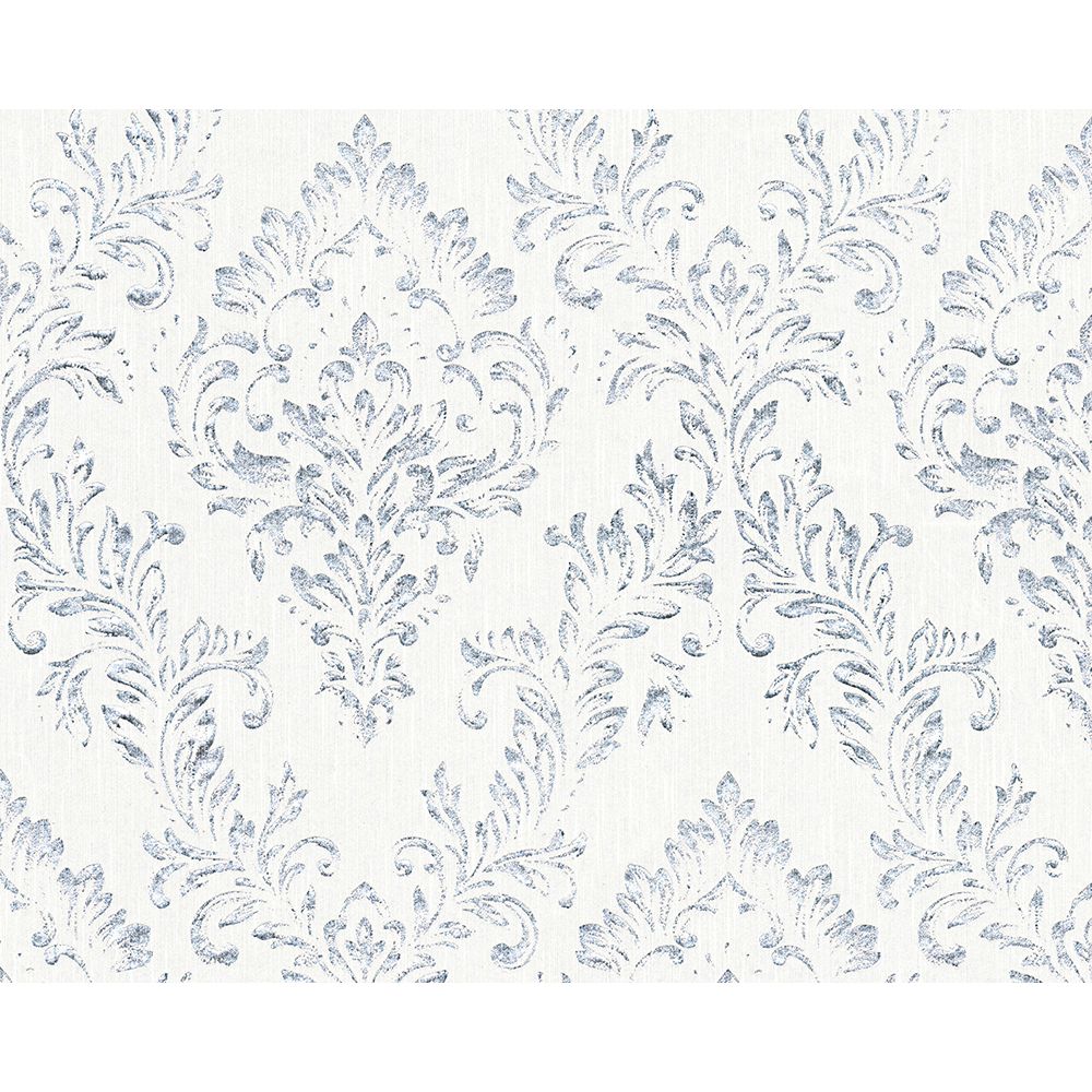 Architects Paper by Sancar 30659 Metallic Silk Damask Wallcovering in Silver/White