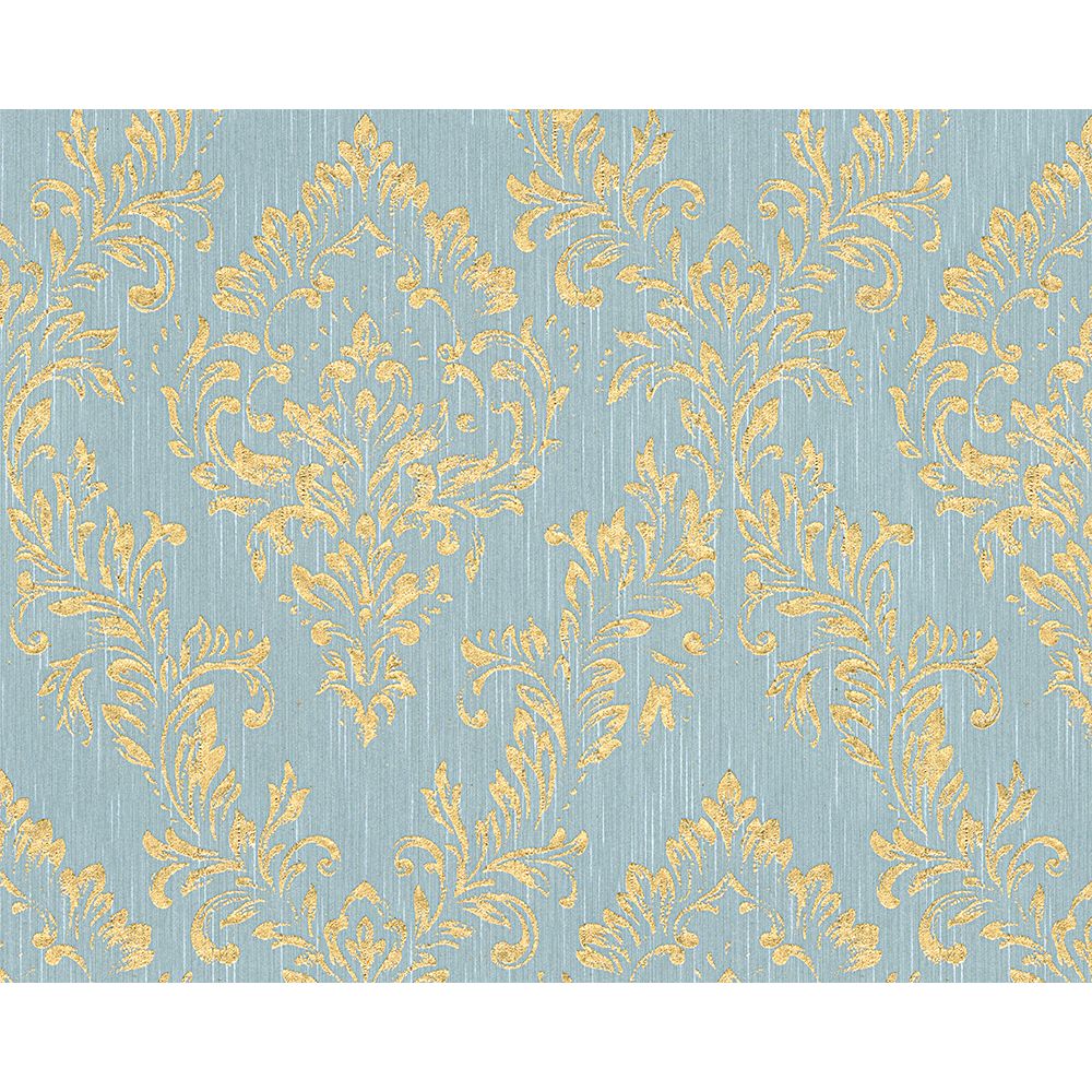 Architects Paper by Sancar 30659 Metallic Silk Damask Wallcovering in Gold/Blue/Green