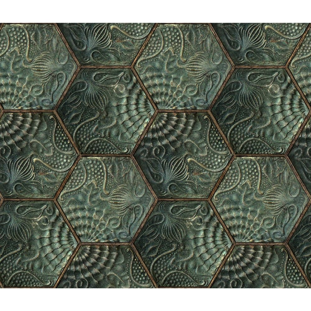 Rebel Walls R18527 Hexagon Tiles, Emerald Wallpaper 