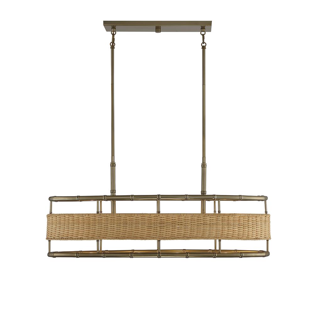 Savoy House 1-7770-4-177 Arcadia 4 Light Warm Brass With Natural Rattan Linear Chandelier in Brass Tones