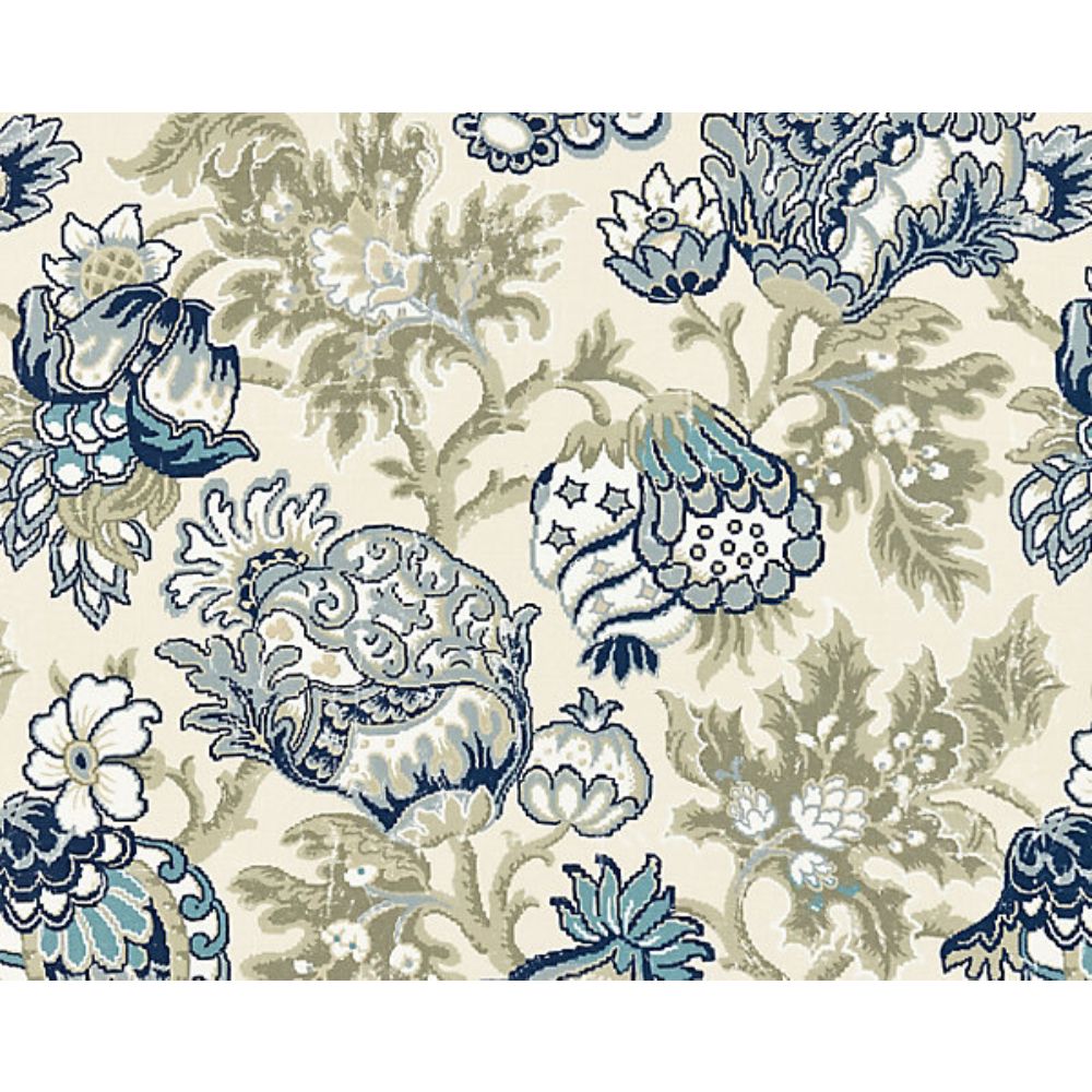 Scalamandre SC 000116593 Merchante Canterbury Linen Print Fabric in Oyster & Indigo