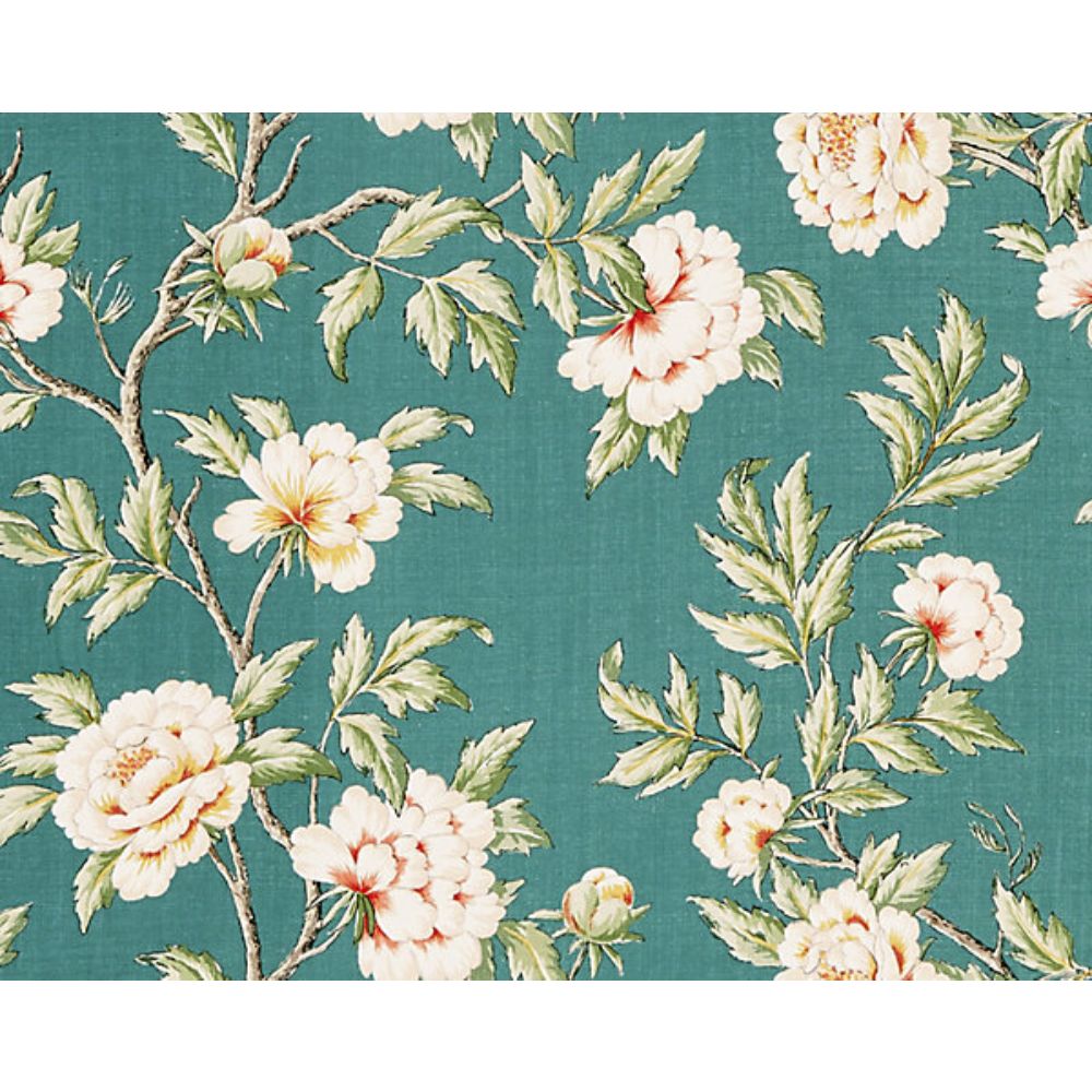 Scalamandre SC 000216616 Calabria Peonia Linen Print Fabric in Emerald Isle