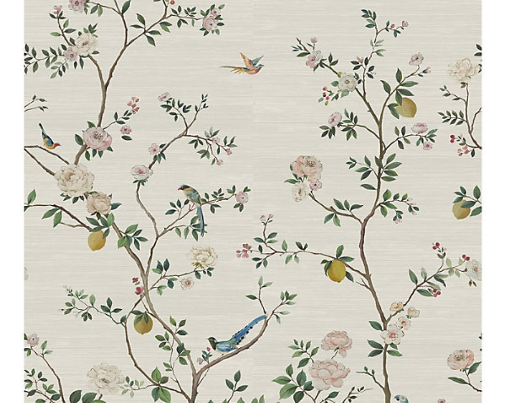 Scalamandre SC 1608BLSG Blossom Chinoiserie - Mural Wallpaper in Silver Mist On Grasscloth