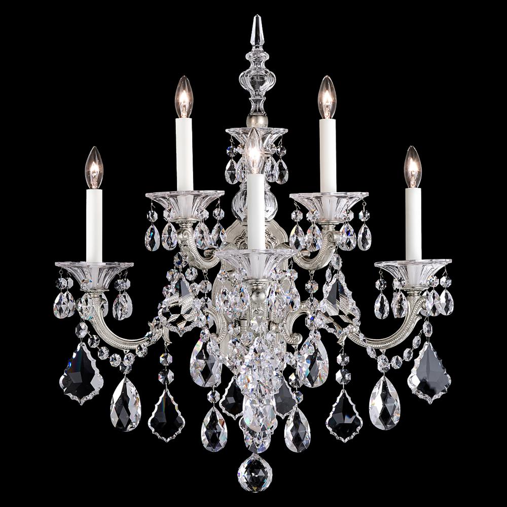 Schonbek 5003-48 La Scala 5 Light 22in x 27in Wall Sconce in Antique Silver with Clear Heritage Handcut Crystals