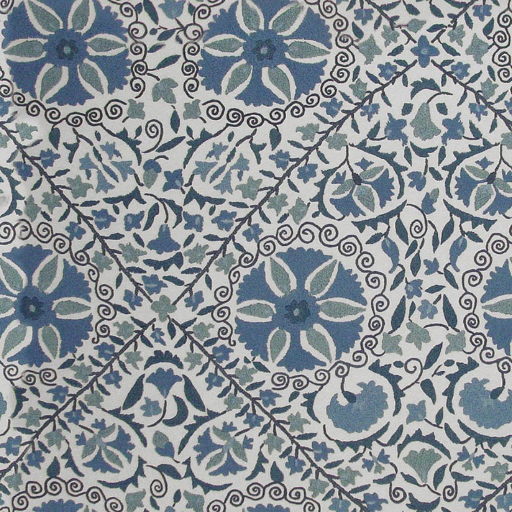 Schumacher 1276002 Madura Floral Stitchery Fabric in Indigo & Ivory