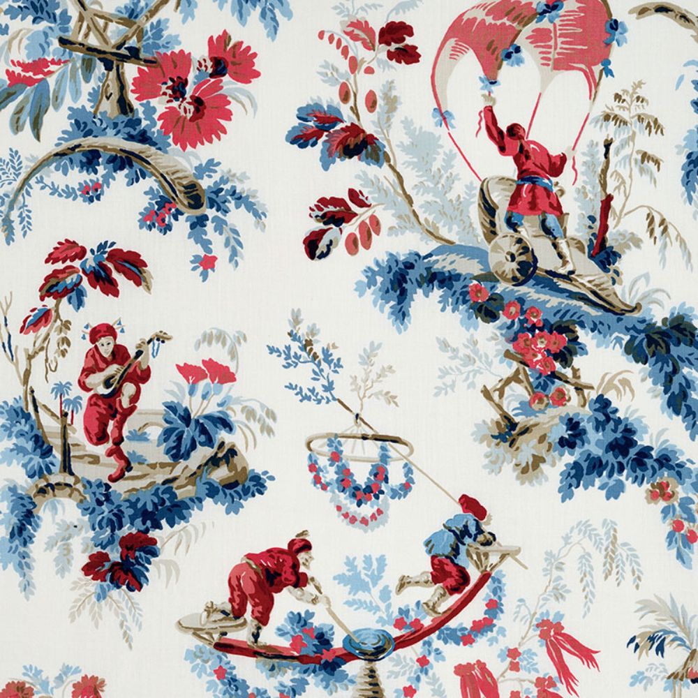 Schumacher 172853 Plaisirs De La Chine Fabric in Bleu & Rouge