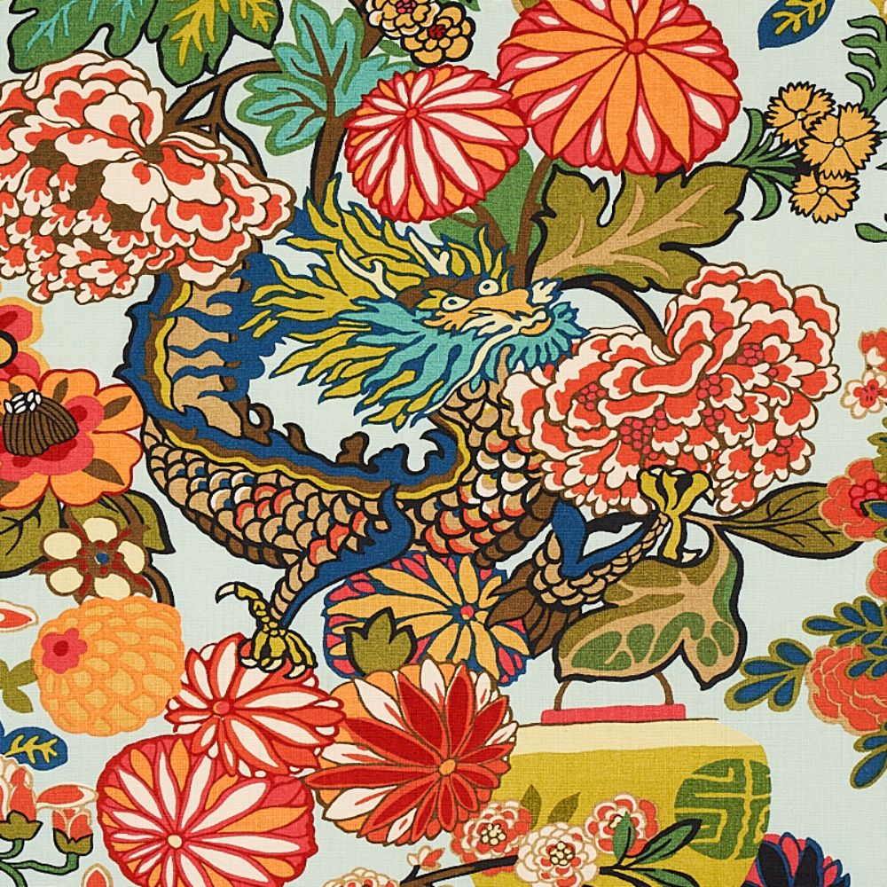 Schumacher 173270 Chiang Mai Dragon Fabric in Aquamarine