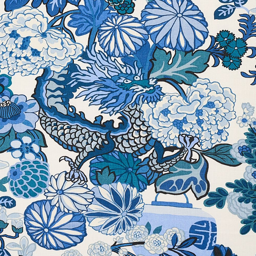 Schumacher 173272 Chiang Mai Dragon Fabric in China Blue
