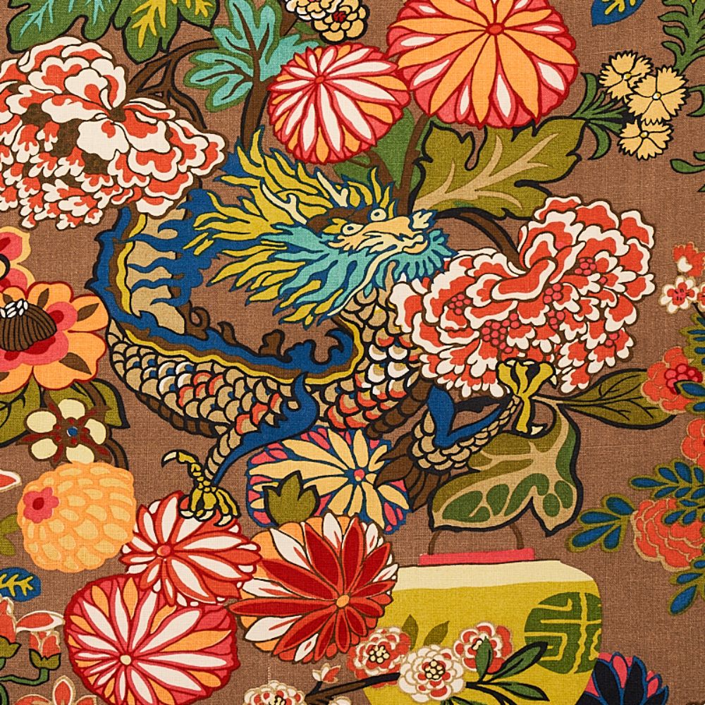 Schumacher 173274 Chiang Mai Dragon Fabric in Mocha