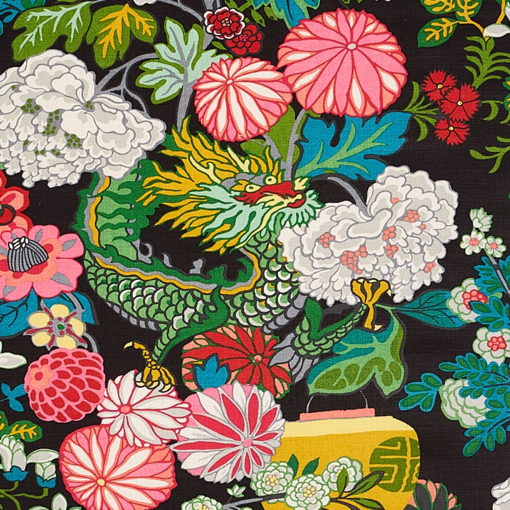 Schumacher 173275 Chiang Mai Dragon Fabric in Ebony