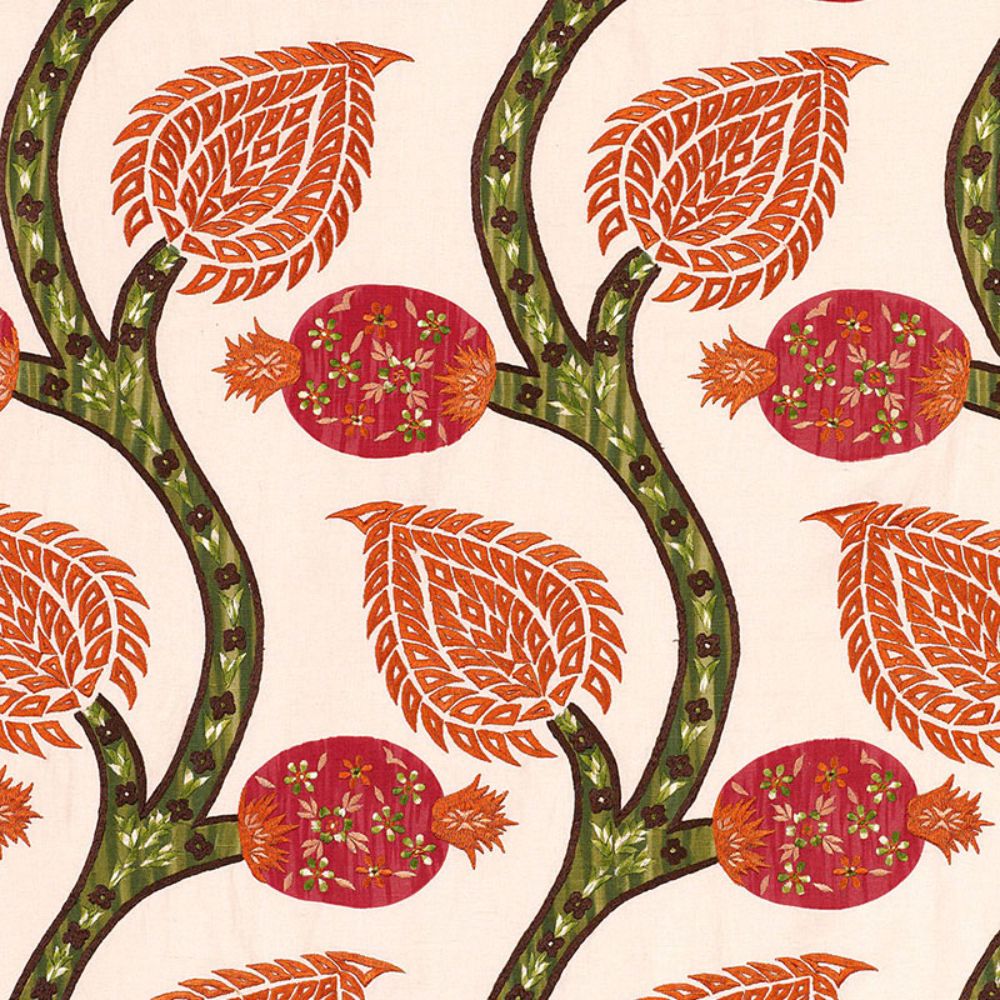 Schumacher 174180 Nurata Embroidery Fabric in Coral