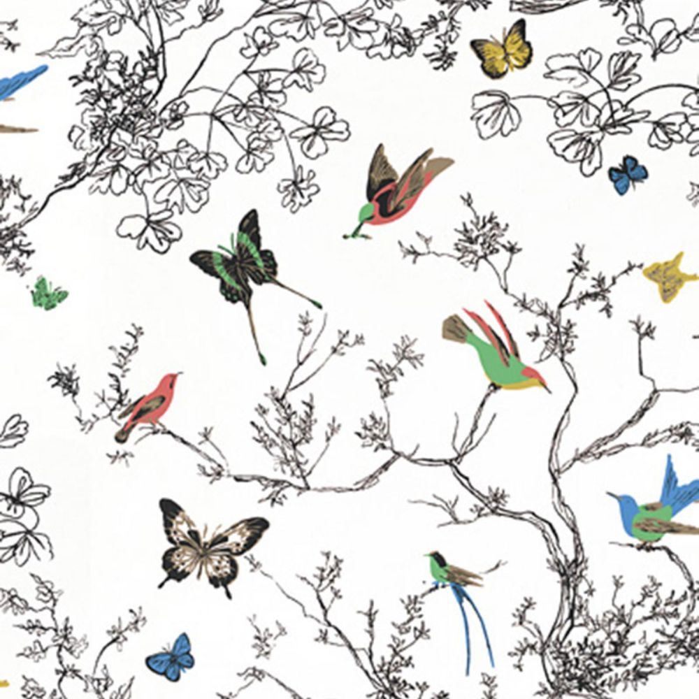 Schumacher 174760 Birds & Butterflies Fabric in Multi On White