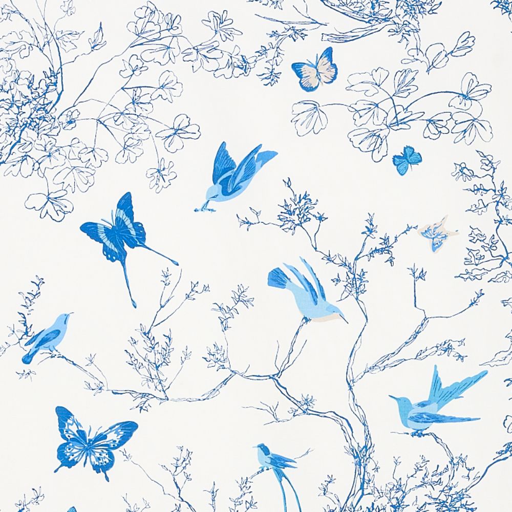 Schumacher 174761 Birds & Butterflies Fabrics in Porcelain