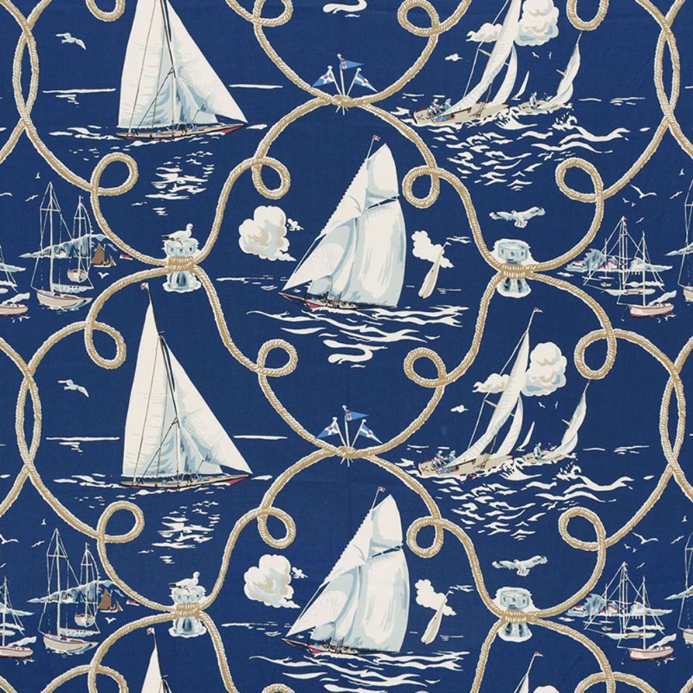Schumacher 175190 Summer Regatta Linen Print Fabric in Navy