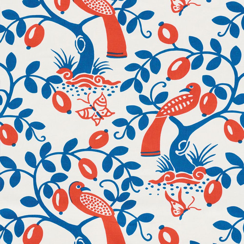 Schumacher 177471 Olive Tree Fabric in Blue & Red