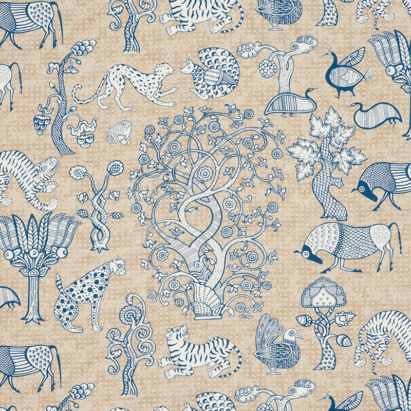 Schumacher 178320 Palampore Collection Animalia Fabric  in Blue & Natural