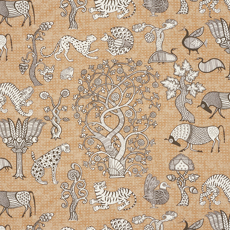 Schumacher 178322 Palampore Collection Animalia Fabric  in Carbon & Sienna