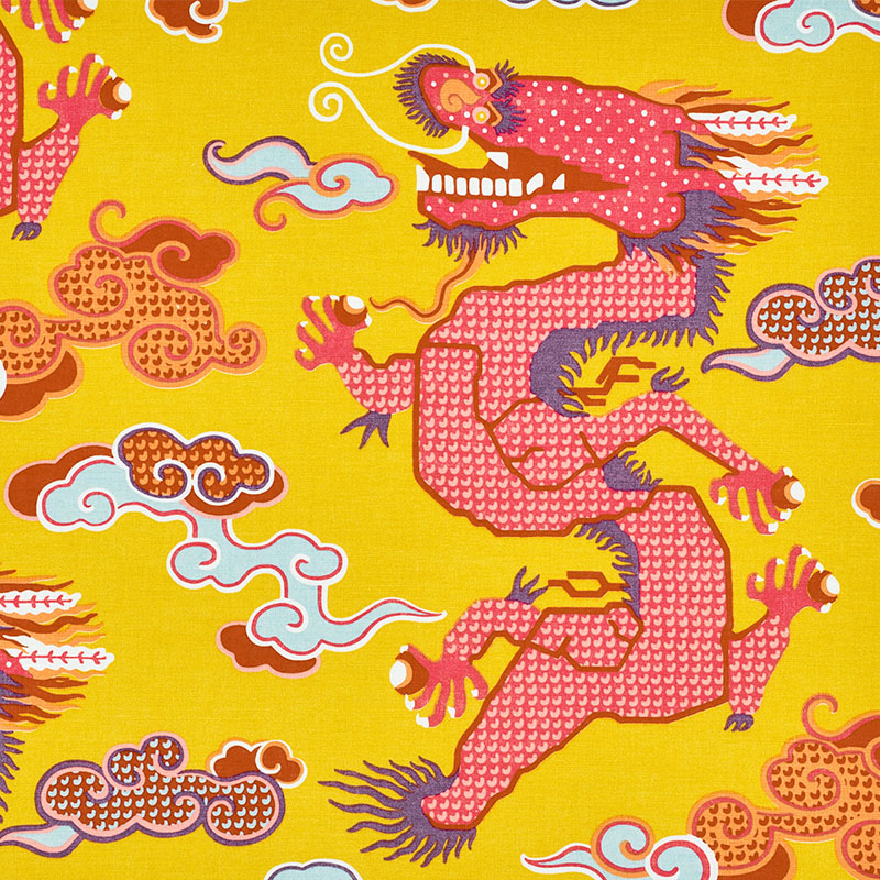 Schumacher 178591 Johnson-Hartig-For-Libertine Collection Magical Ming Dragon Fabric  in Yellow