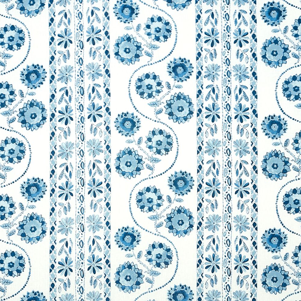 Schumacher 179340 Zinnia Handmade Print Fabric in Blue