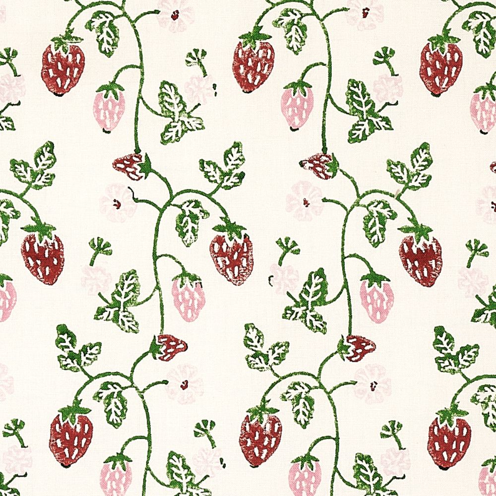 Schumacher 179780 Strawberry Hand Block Print Fabric in Grass