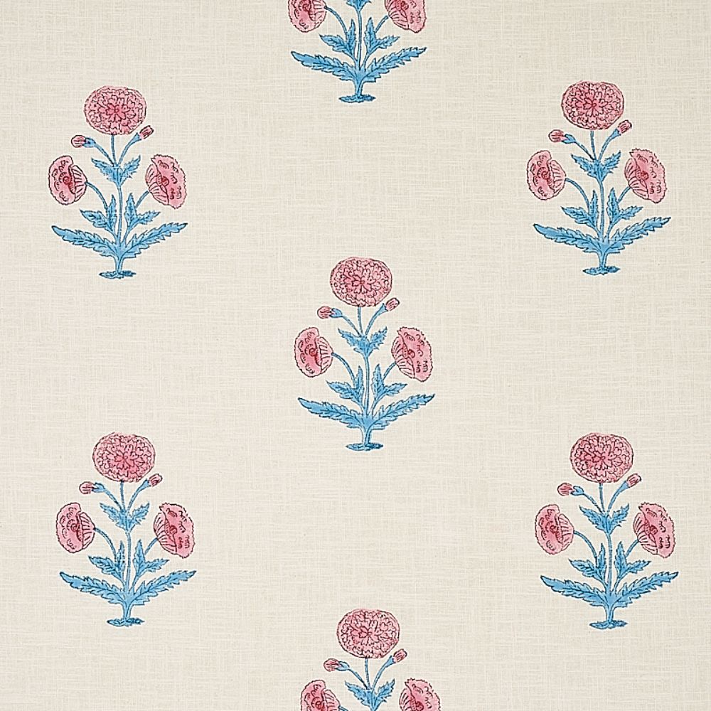 Schumacher 179840 Poppy Hand Block Print Fabric in Rose & Sky
