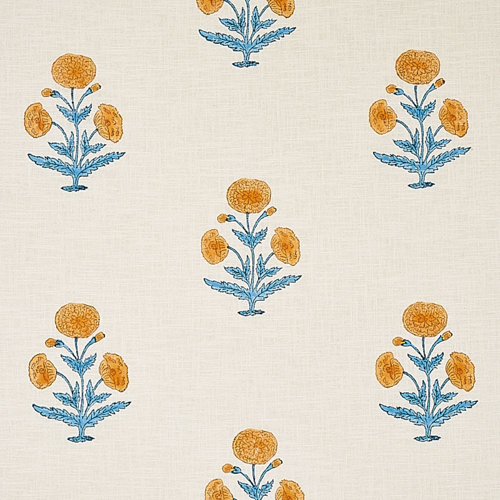 Schumacher 179841 Poppy Hand Block Print Fabric in Mustard & Sky