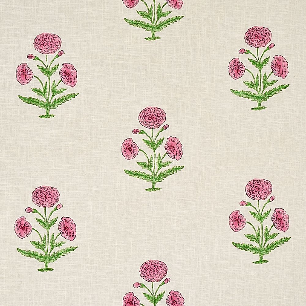 Schumacher 179842 Poppy Hand Block Print Fabric in Rose & Grass