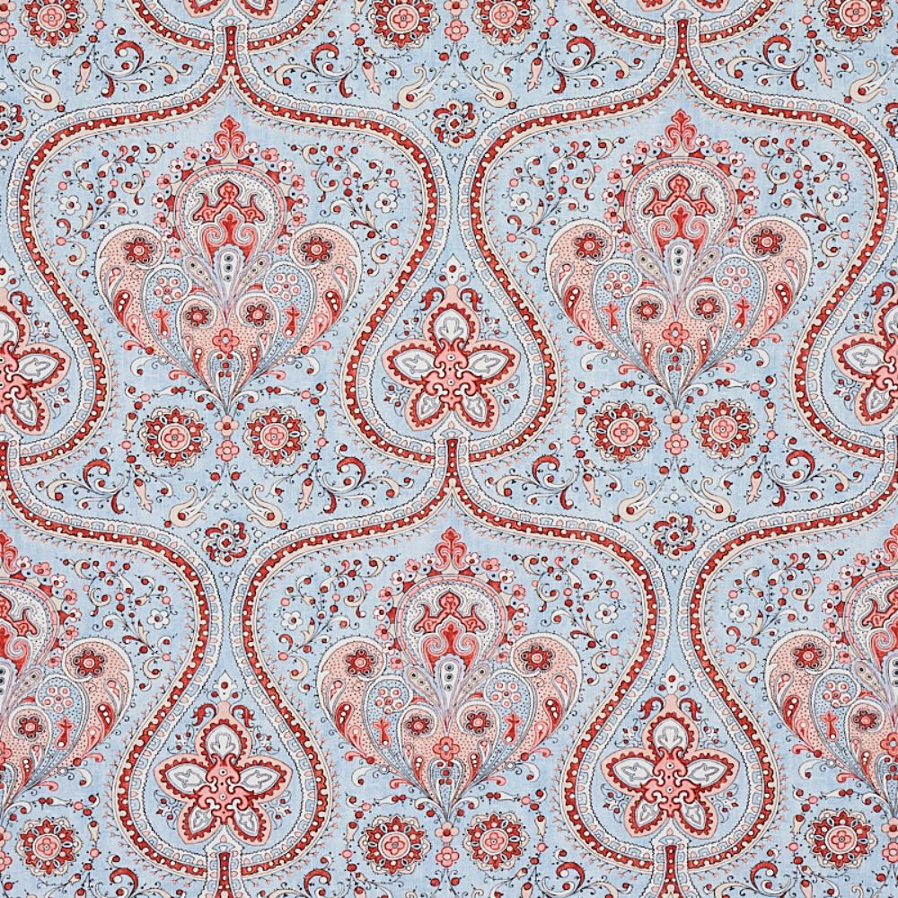 Schumacher 179861 Paisley Court Fabric in Sky & Rose