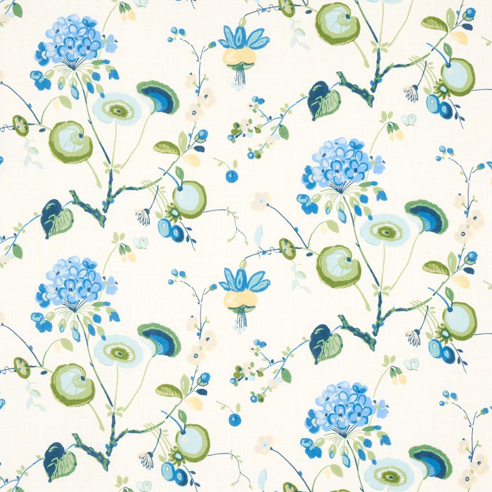 Schumacher 180081 Vasily Linen Fabrics in Green And Blue
