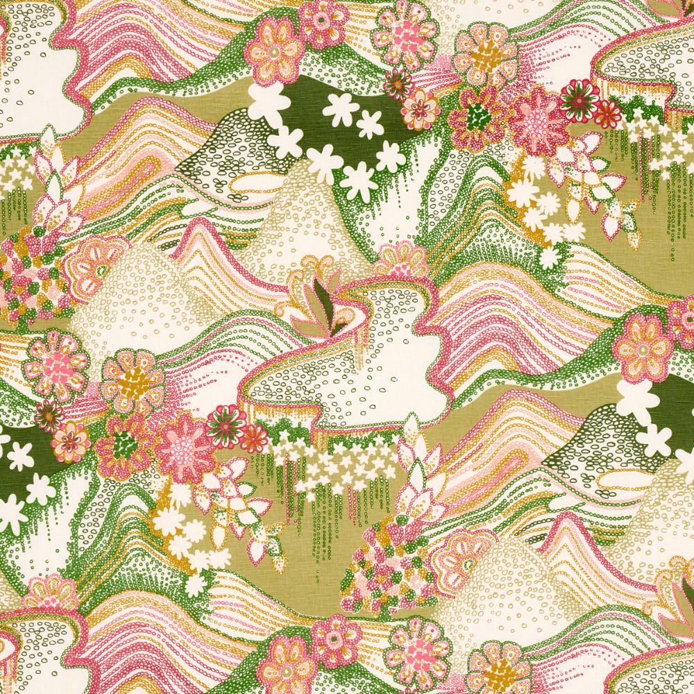 Schumacher 180131 Daisy Chain Fabrics in Green And Pink