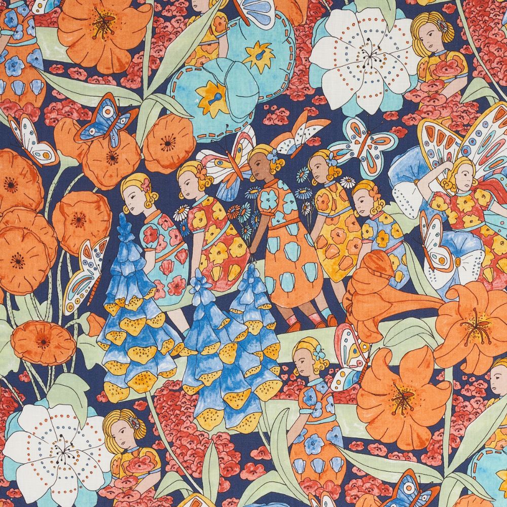 Schumacher 180141 Fairie Garden Fabrics in Orange And Navy
