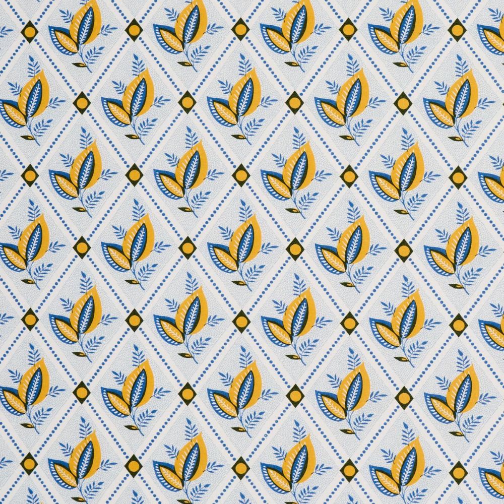 Schumacher 180572 New Traditional Provençal Basile Trellis Fabric in Yellow & Blue