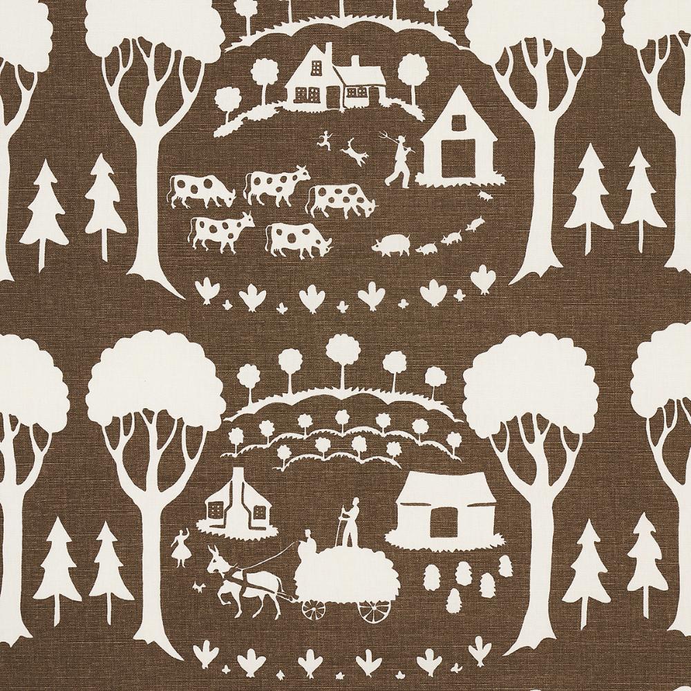 Schumacher 180881 Farm Scene Fabric in Brown