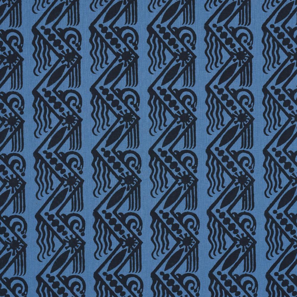Schumacher 181561 Venetian Zig Zag Block Print Fabric in Black On Blue
