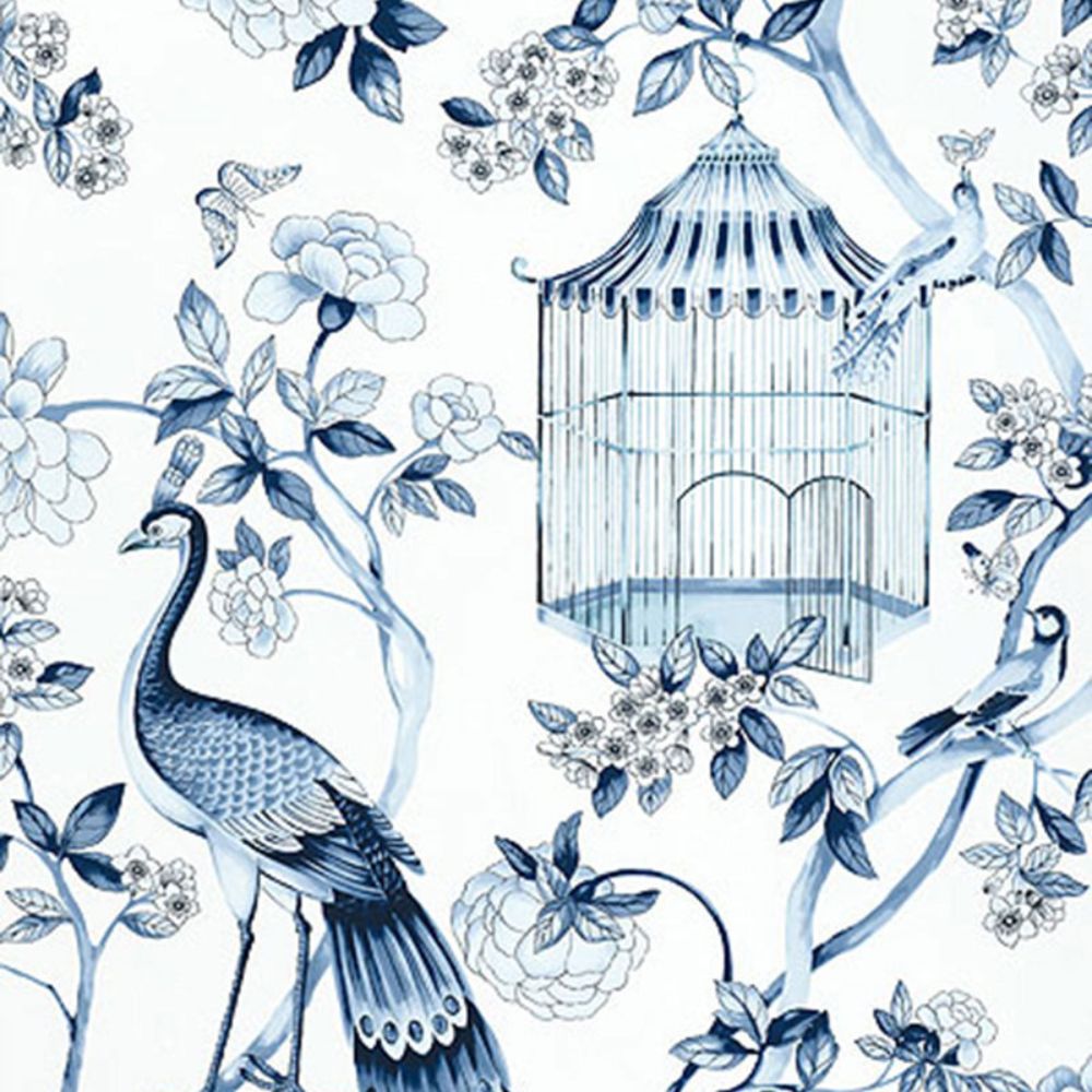 Schumacher 5004081 Oiseaux Et Fleurs Wallpaper in Porcelain