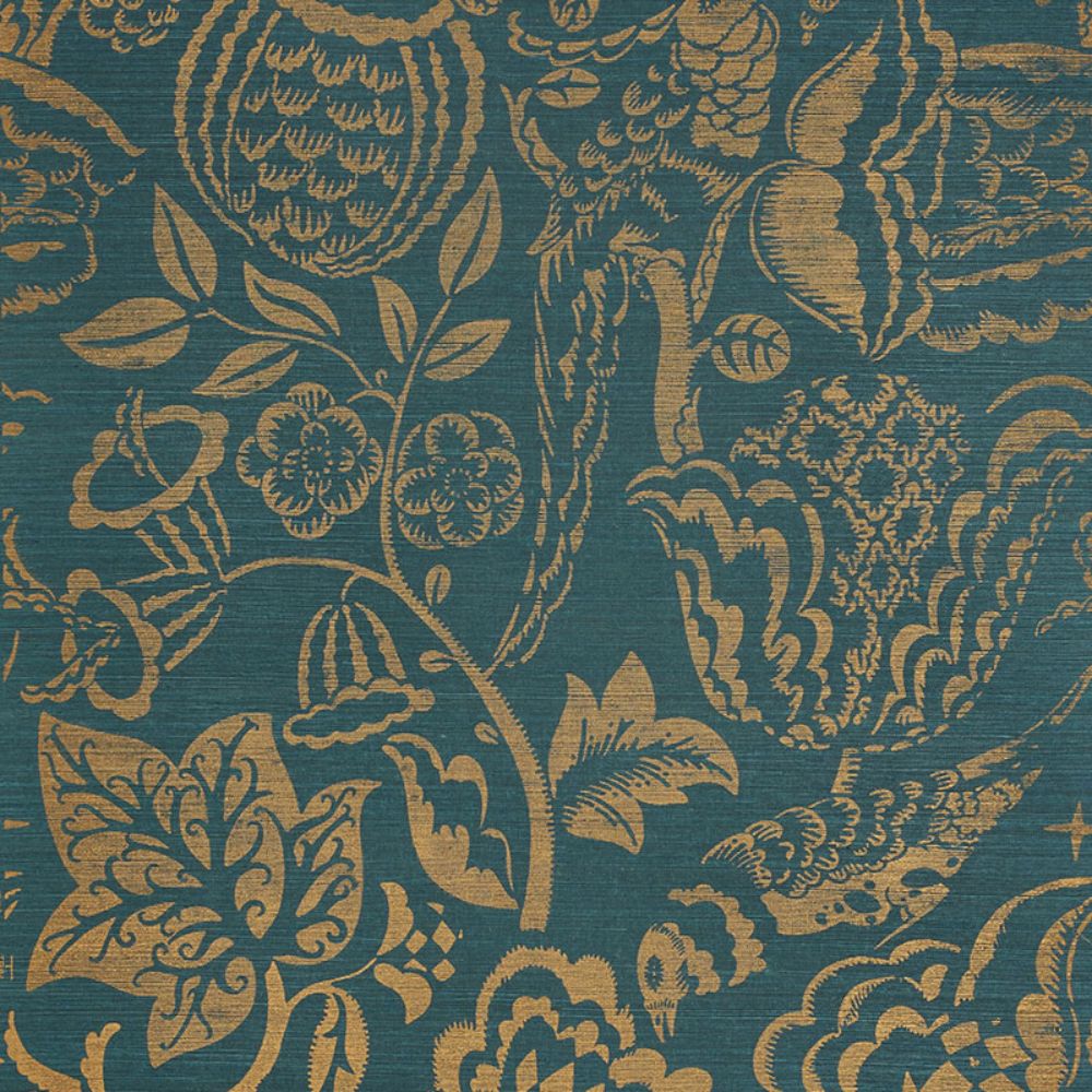 Schumacher 5008264 Uccello Sisal Wallpaper in Gold On Peacock