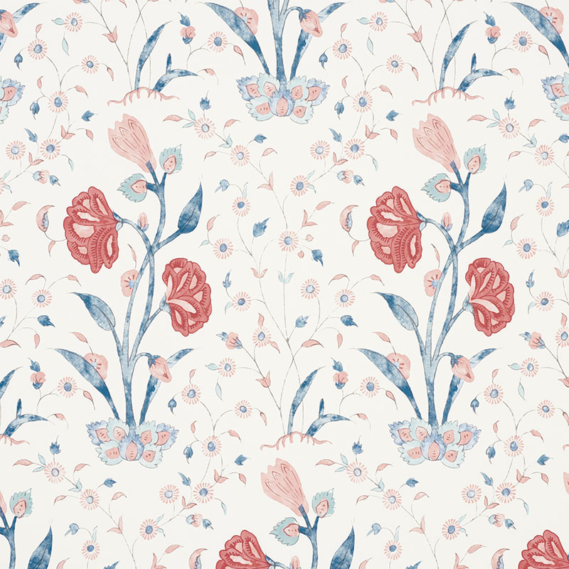 Schumacher 5009950 Palampore Collection Khilana Floral Wallpaper in Delft & Rose