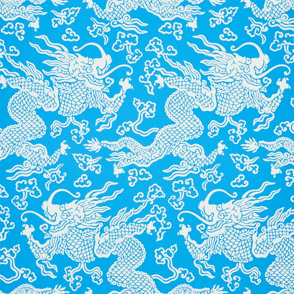 Schumacher 5010881 Ruan Dragon Damask Wallpaper in Blue